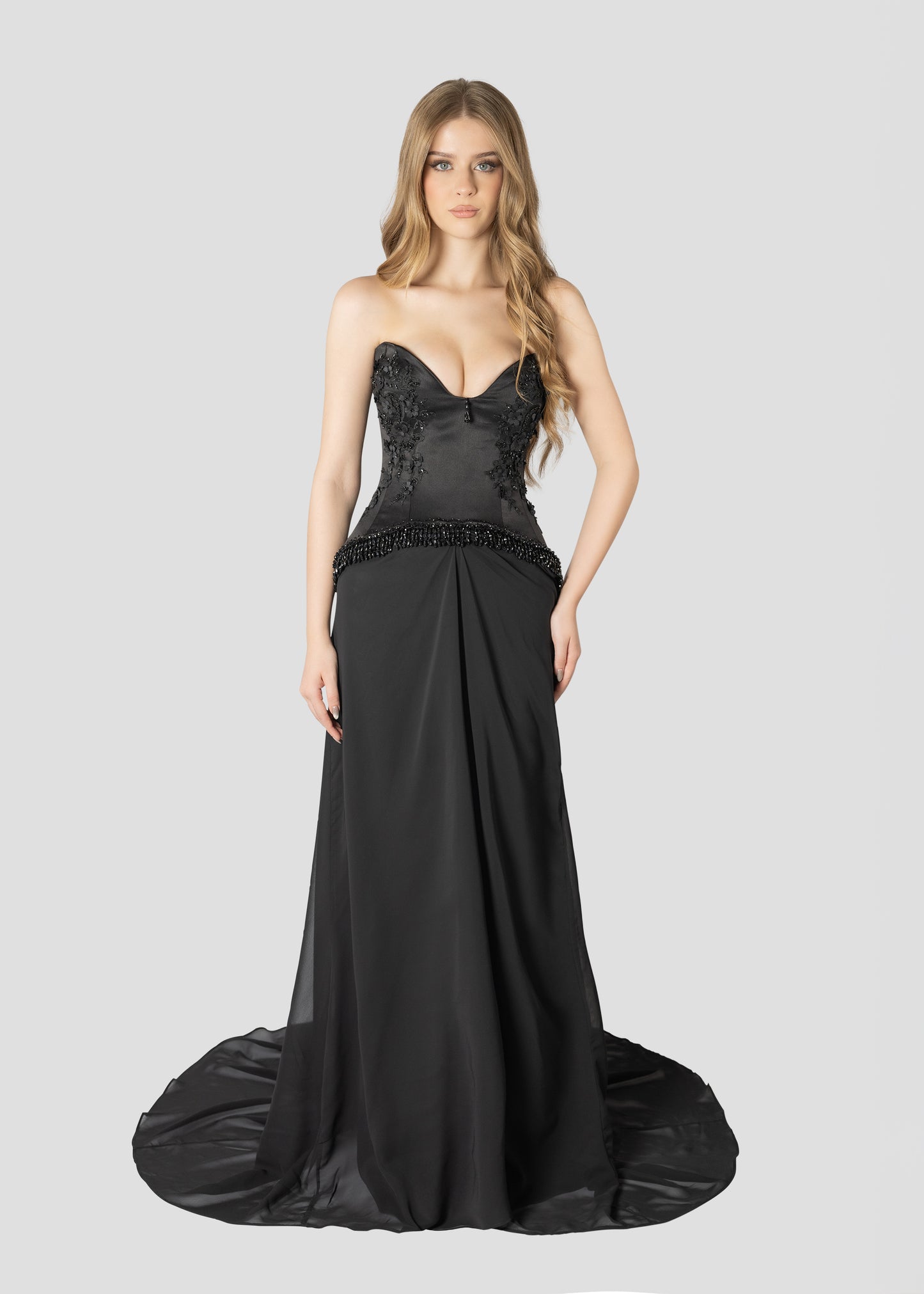 BLACK FLORAL AND CRYSTAL EMBROIDERED DRESS