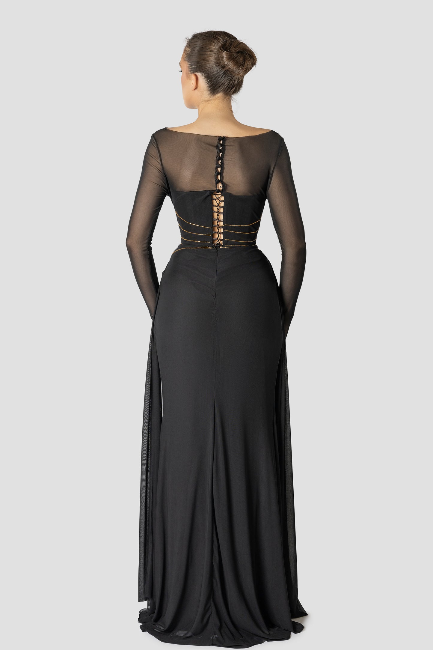 GOLD EMBROIDERED BLACK MESH DRESS