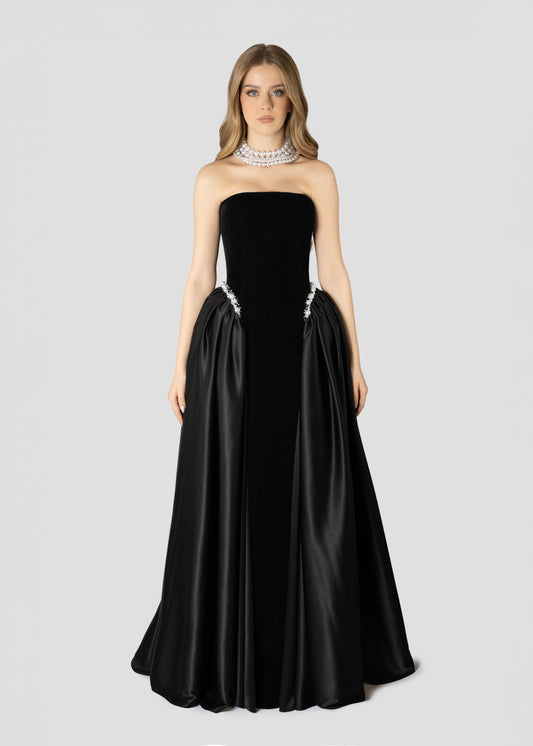 BLACK VELVET AND PEARLS EMBROIDERED DRESS