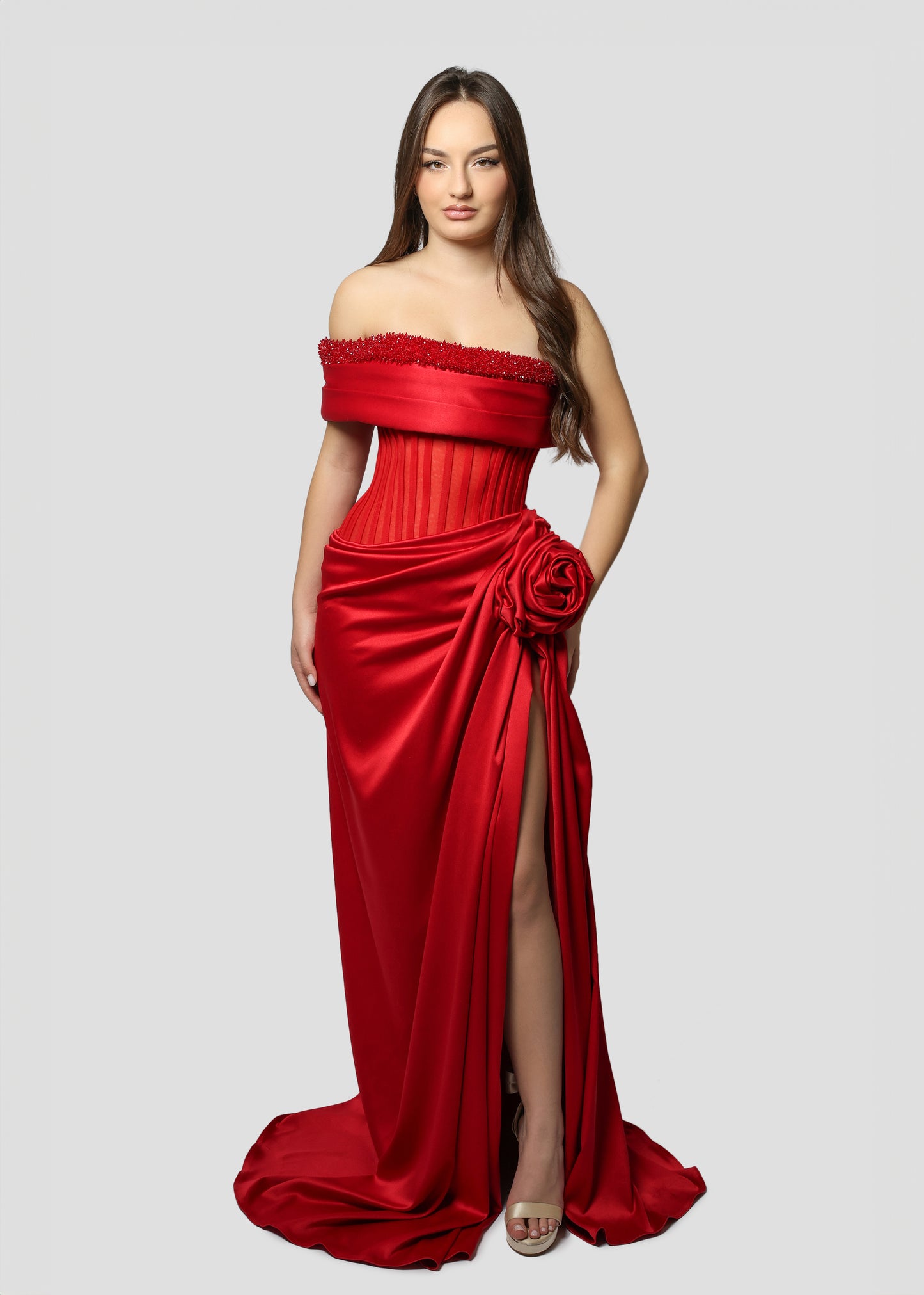 RED DRAPPED ROSE DRESS