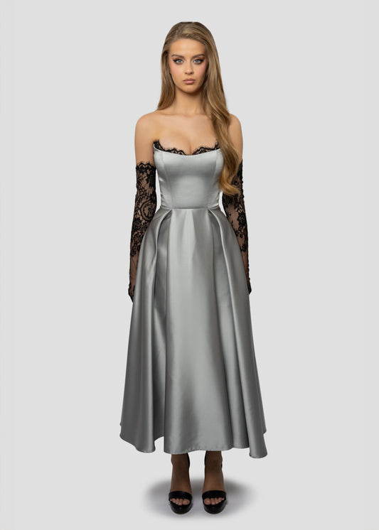 GRAY MIDI DRESS WITH BLACK LACE DETAILS