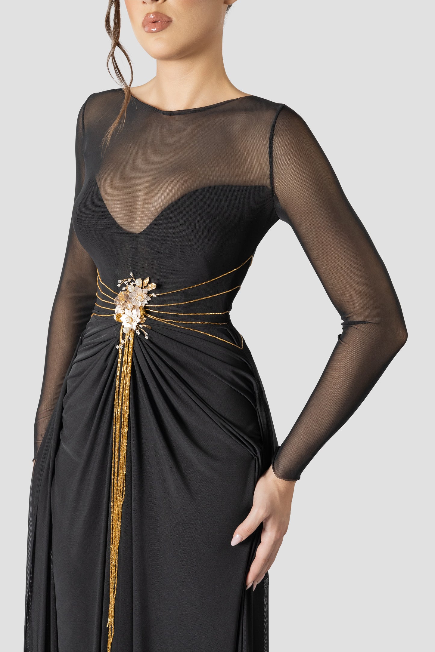 GOLD EMBROIDERED BLACK MESH DRESS