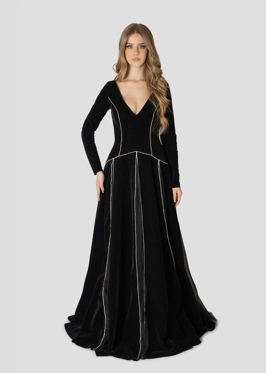 BLACK VELVET EMBROIDERED DRESS