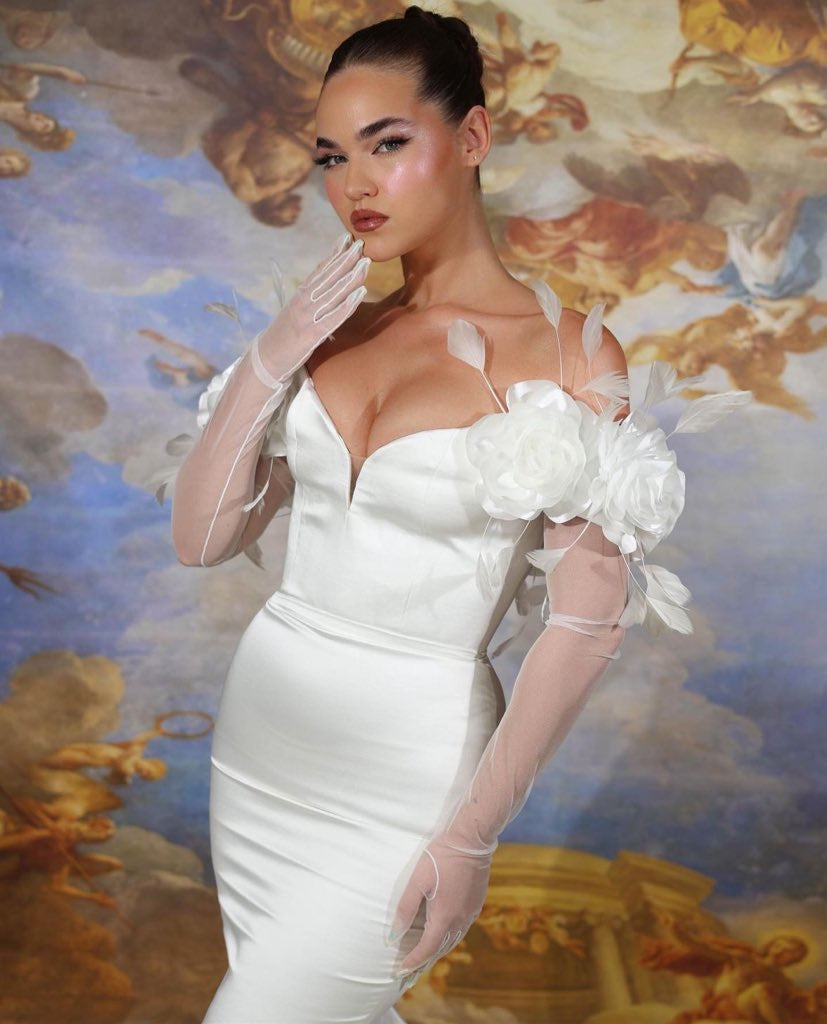 SILK WEDDING DRESS WITH HANDMADE FLOWERS