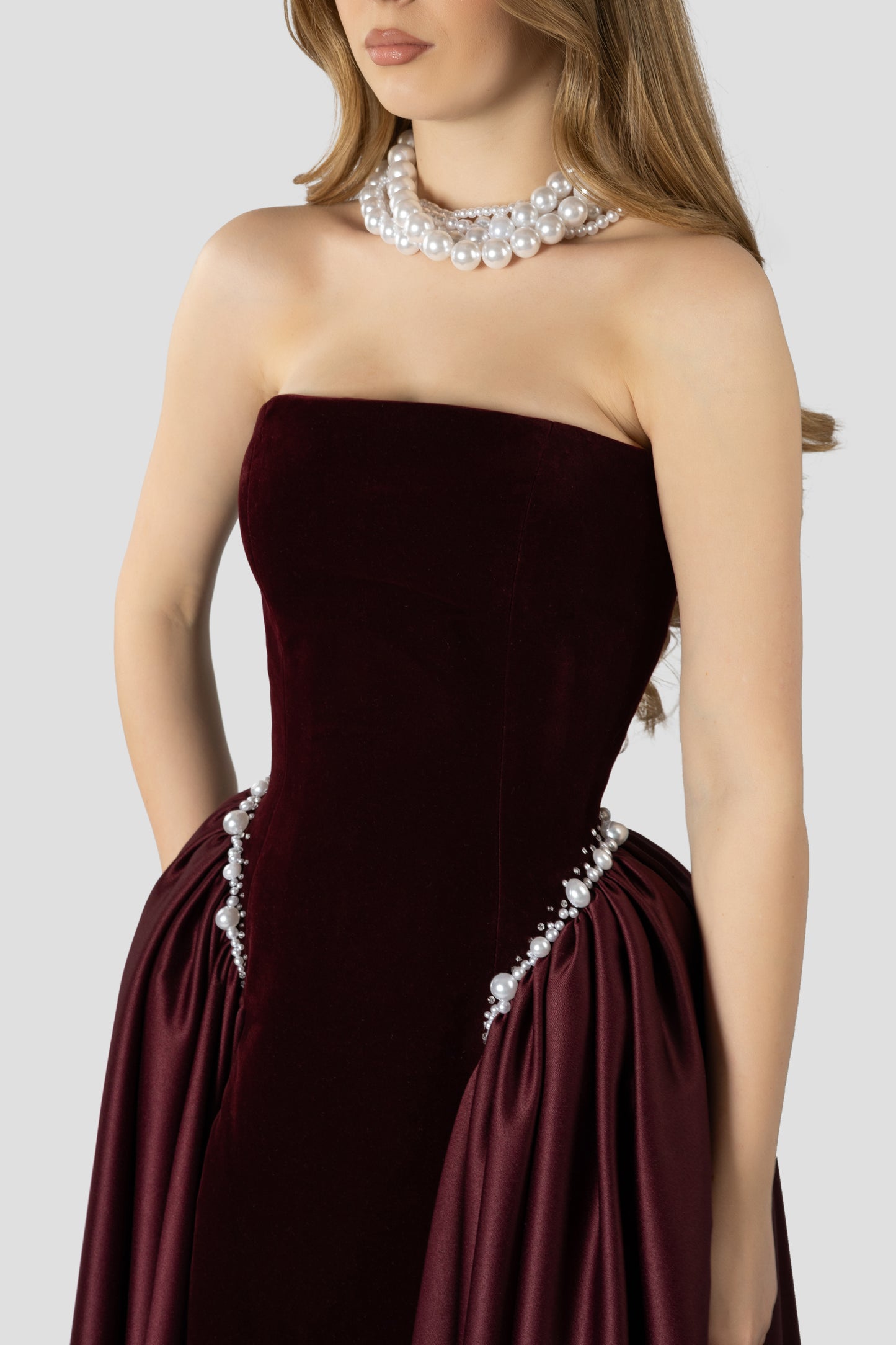 BURGUNDY VELVET AND PEARLS EMBROIDERED DRESS