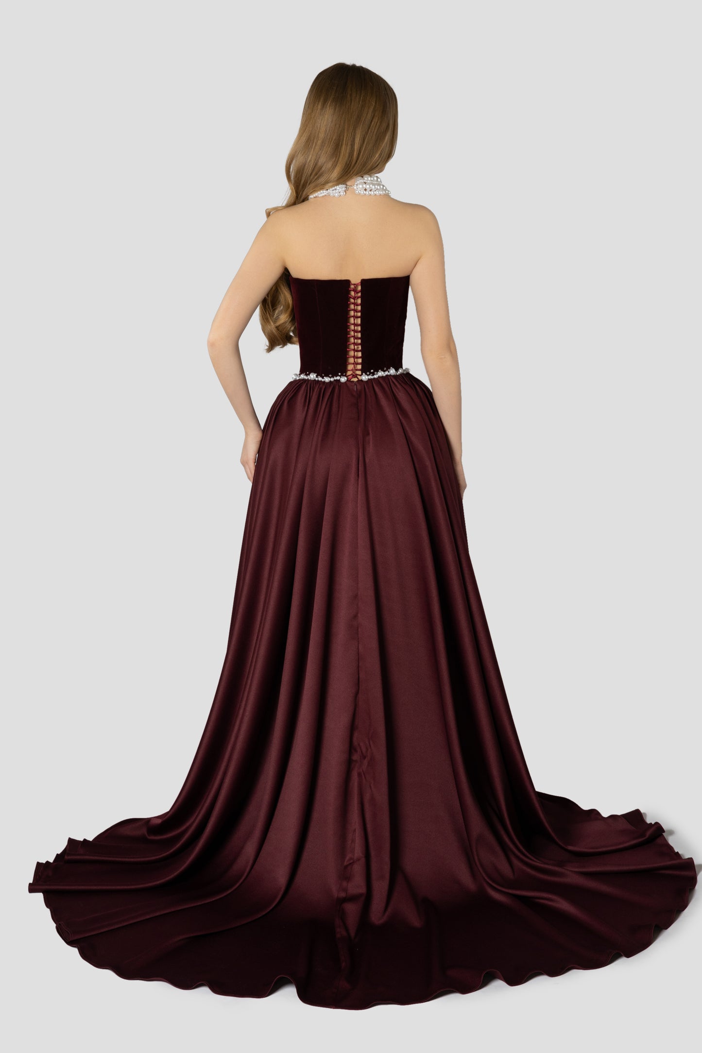 BURGUNDY VELVET AND PEARLS EMBROIDERED DRESS