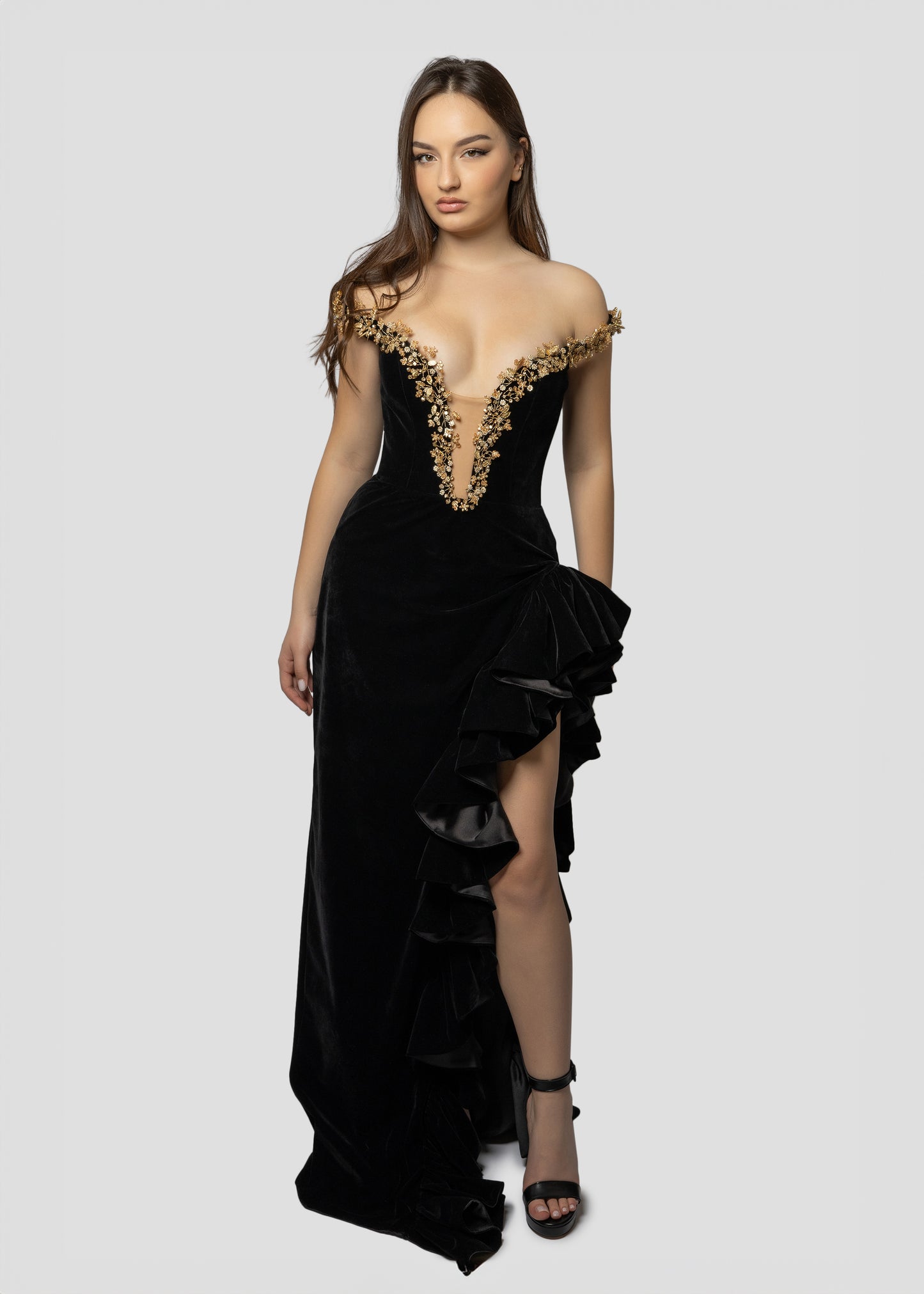 GOLD EMBROIDERED VELVET DRESS