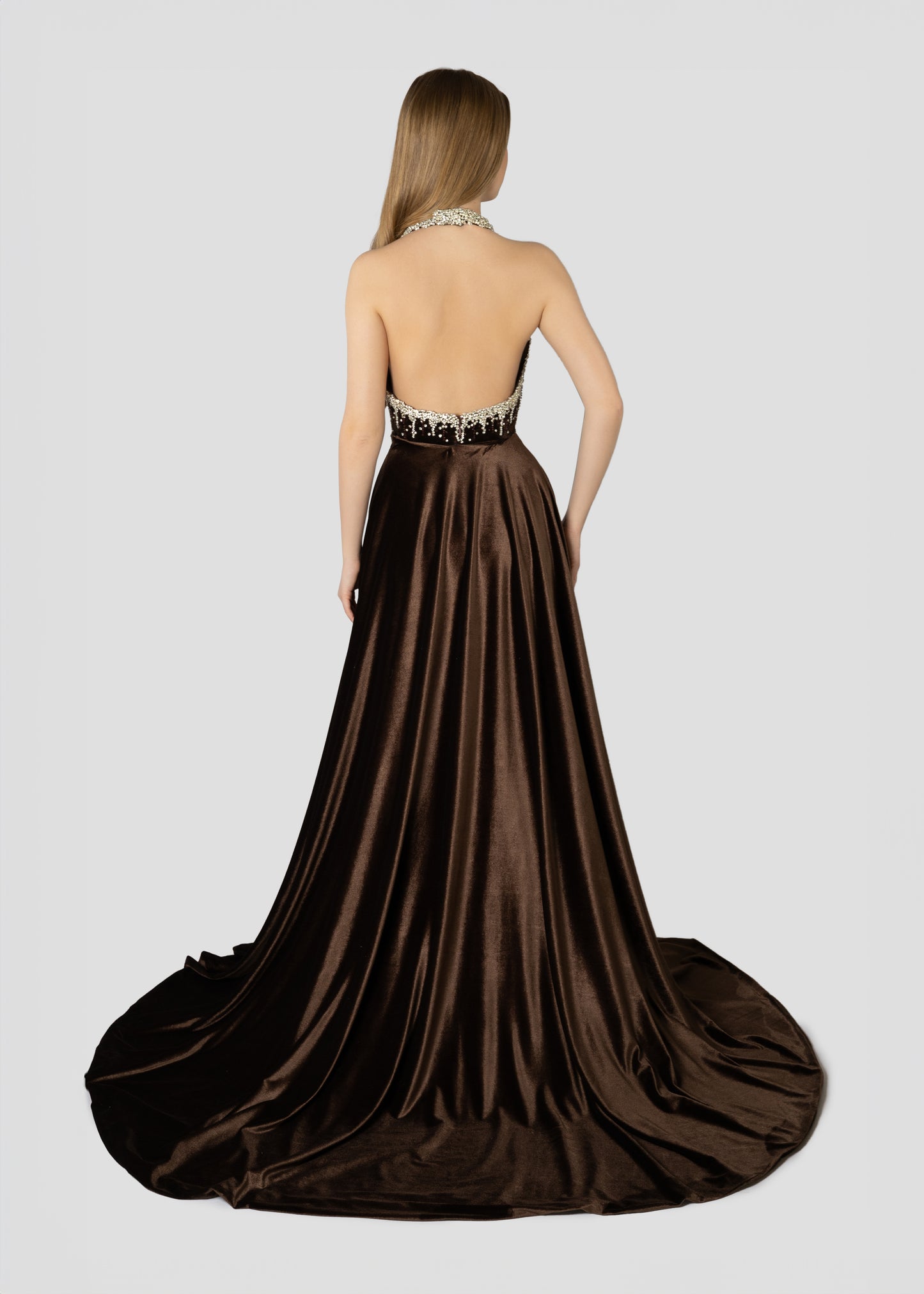 BROWN VELVET EMBROIDERED DRESS