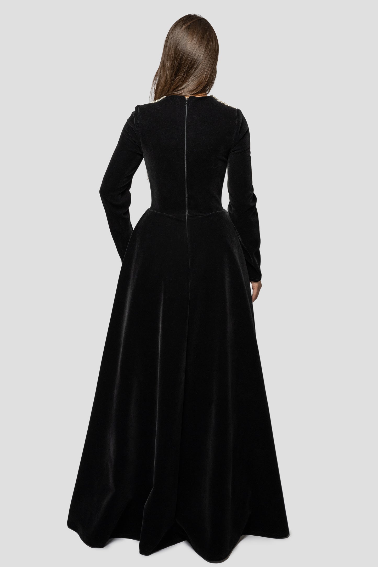 LONG VELVET DRESS WITH EMBROIDERY