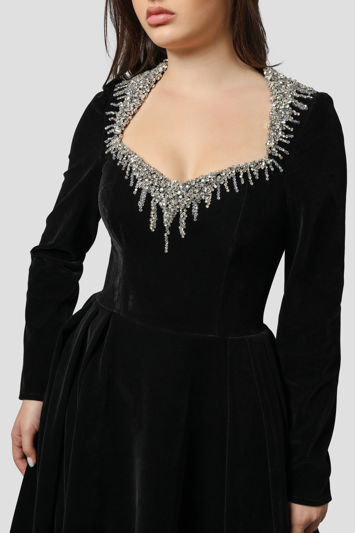 LONG VELVET DRESS WITH EMBROIDERY