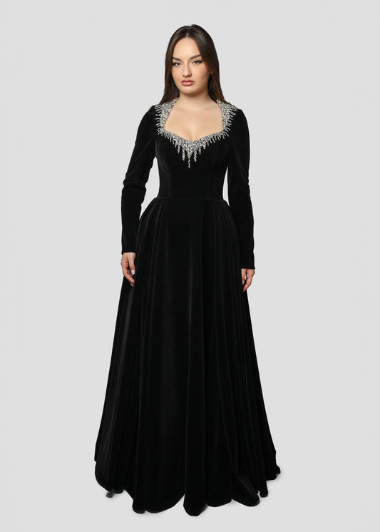 LONG VELVET DRESS WITH EMBROIDERY