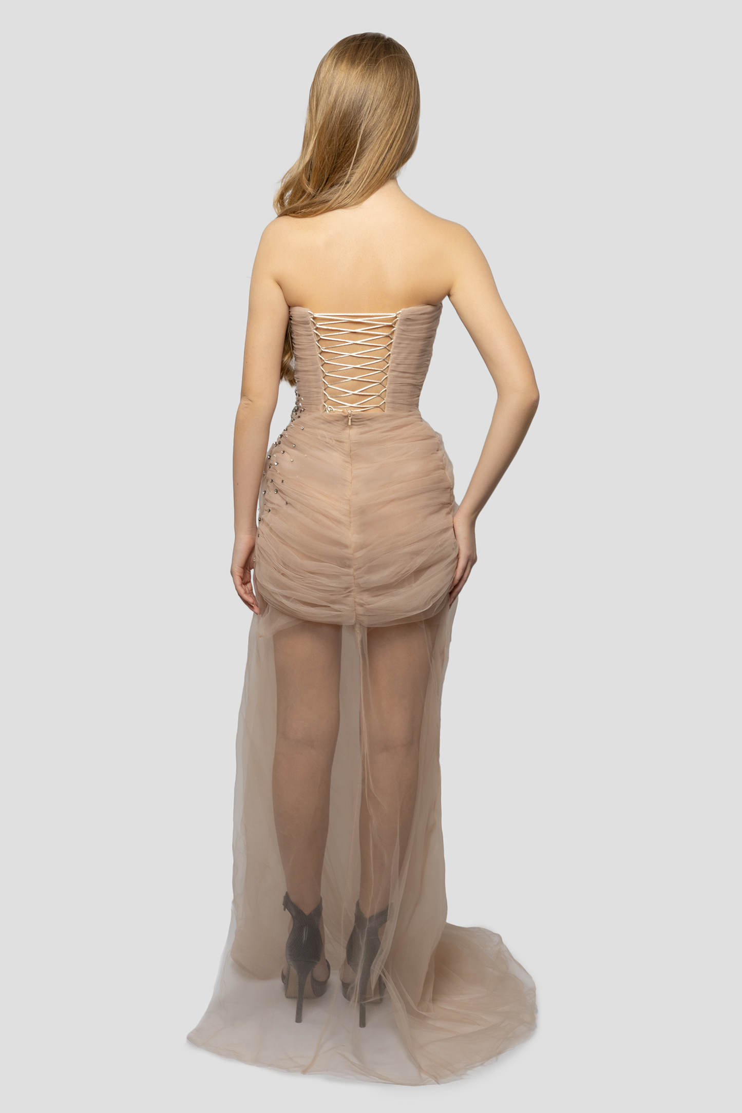 DRAPPED BEIGE TULLE DRESS