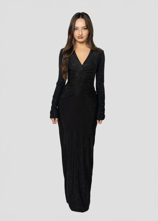 DRAPPED V-SHAPED BLACK DRESS