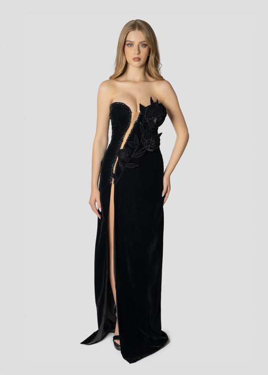 3D HANDMADE FLOWER BLACK VELVET DRESS123