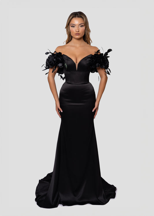 SILK BLACK DRESS WITH HANDMADE FLOWERS