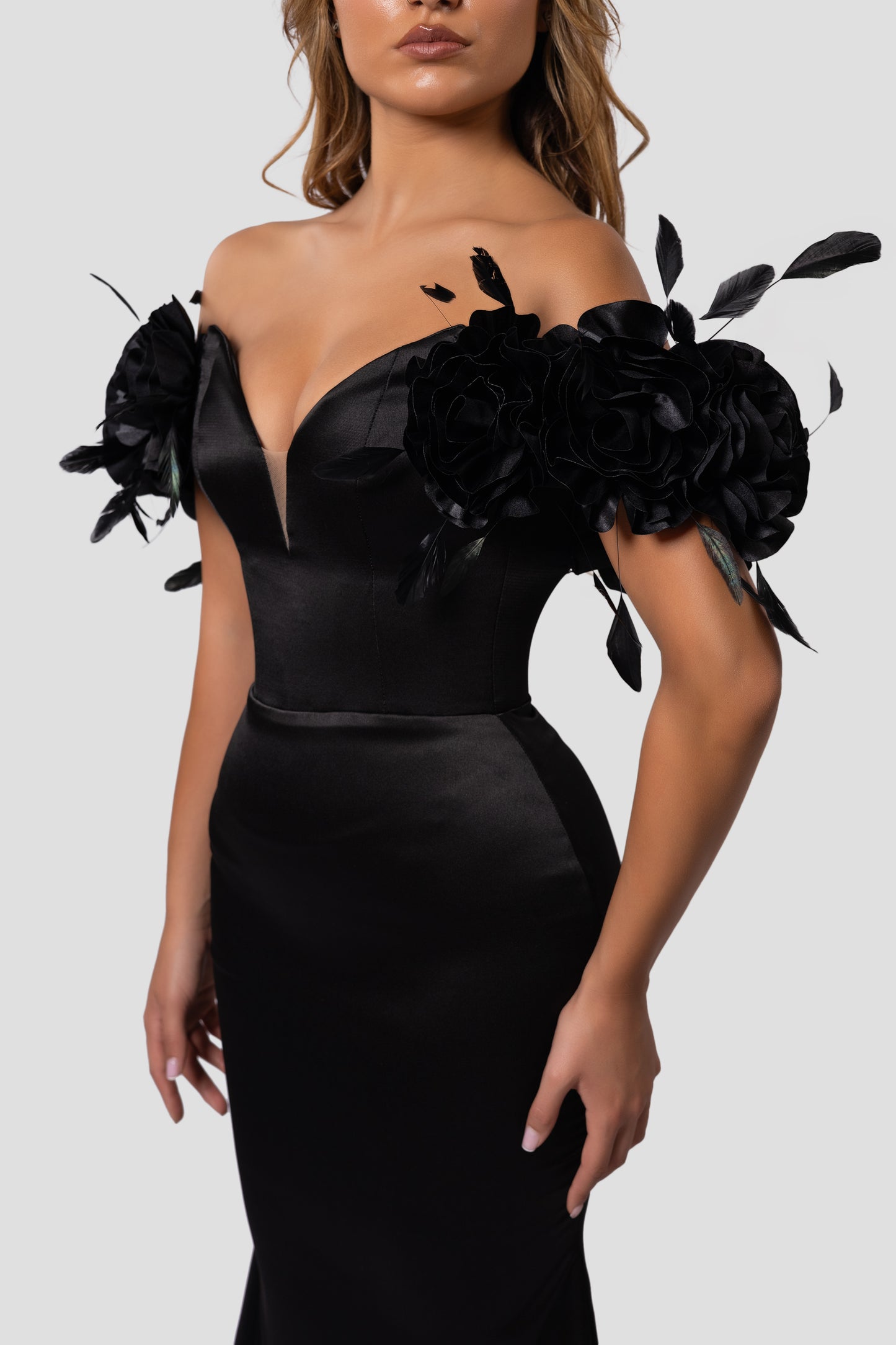SILK BLACK DRESS WITH HANDMADE FLOWERS