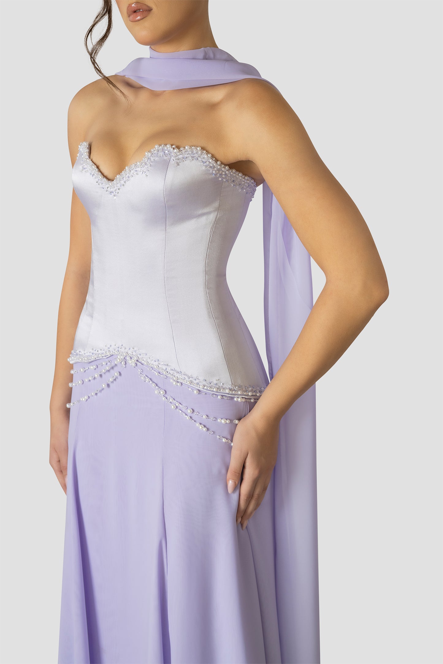 LAVENDER PEARLS EMBROIDERED CORSET DRESS