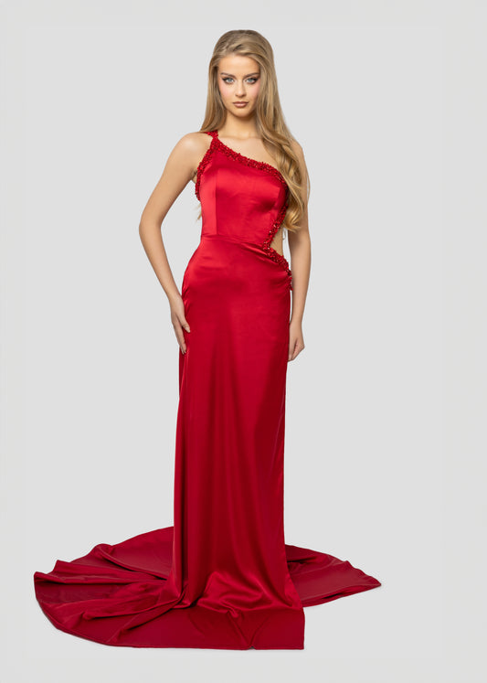 BACKLESS RED SILK DRESS