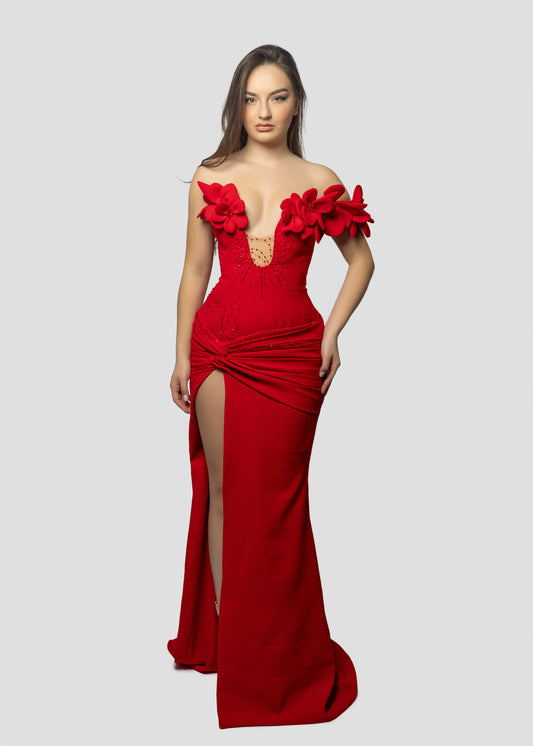 3D HANDMADE RED FLOWERS DRESS