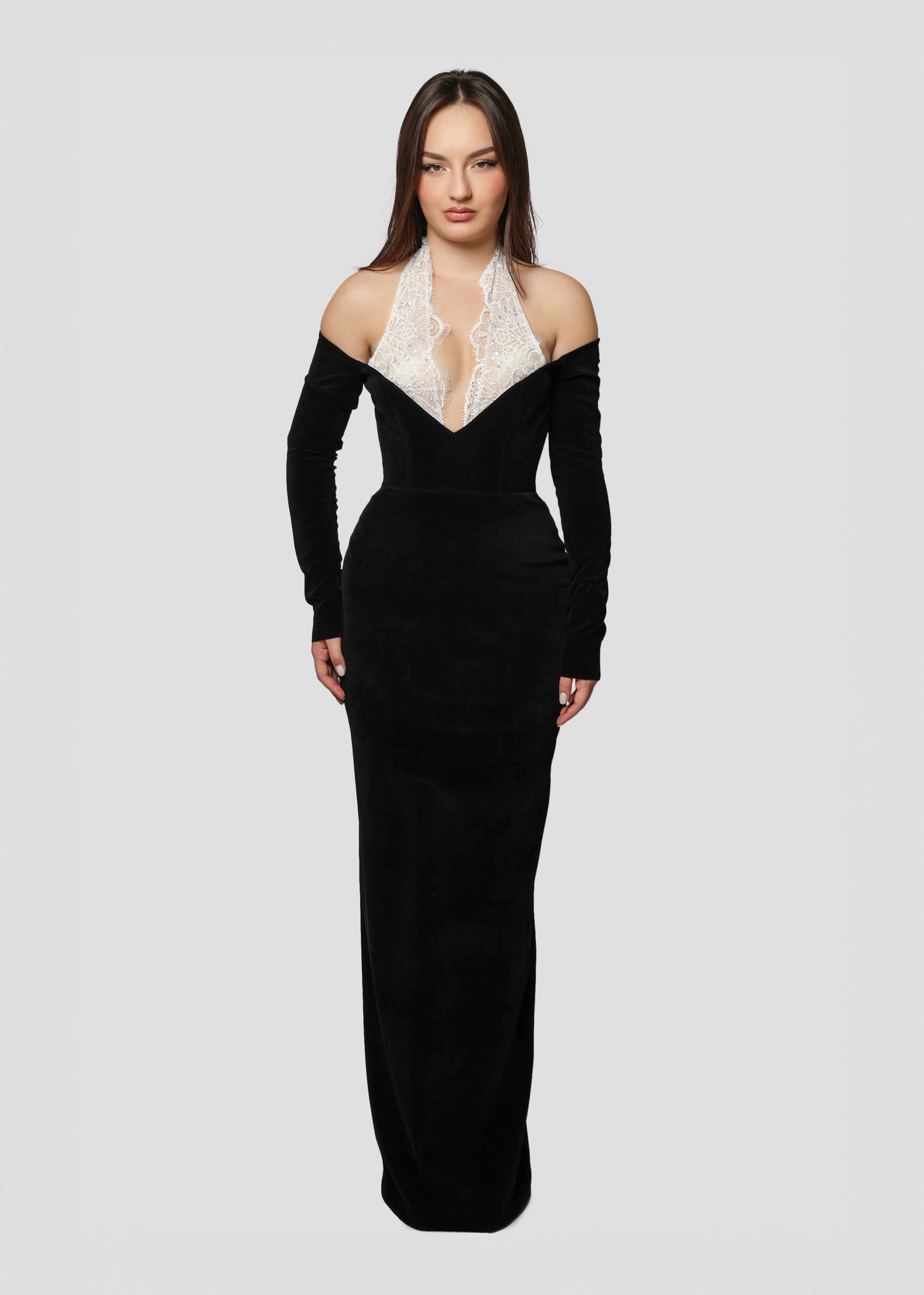 BLACK VELVET DRESS WITH LACE HALTER TOP