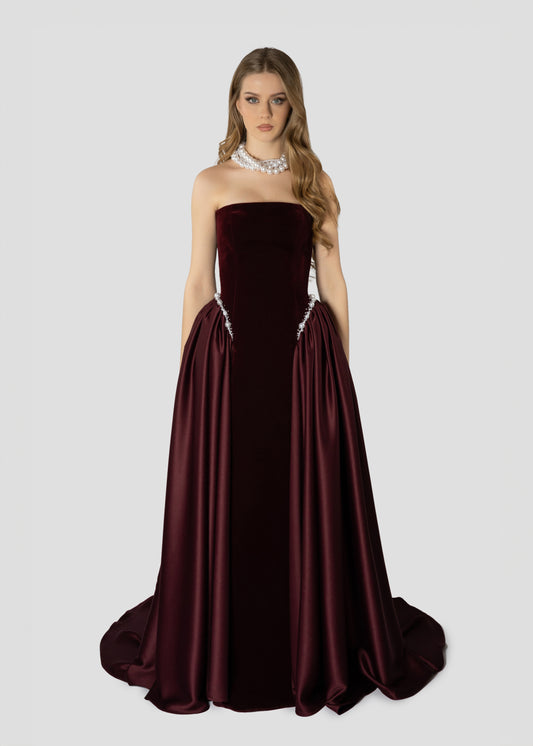 BURGUNDY VELVET AND PEARLS EMBROIDERED DRESS