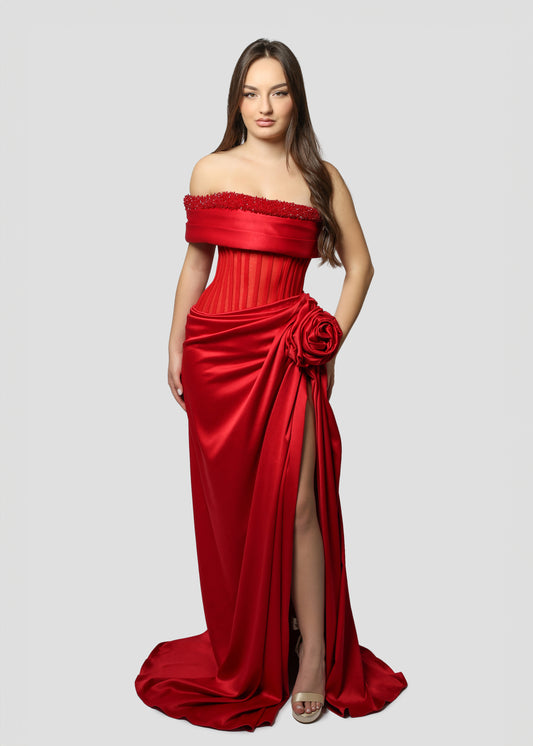 RED DRAPPED ROSE DRESS