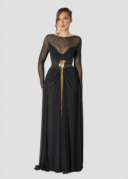 GOLD EMBROIDERED BLACK MESH DRESS