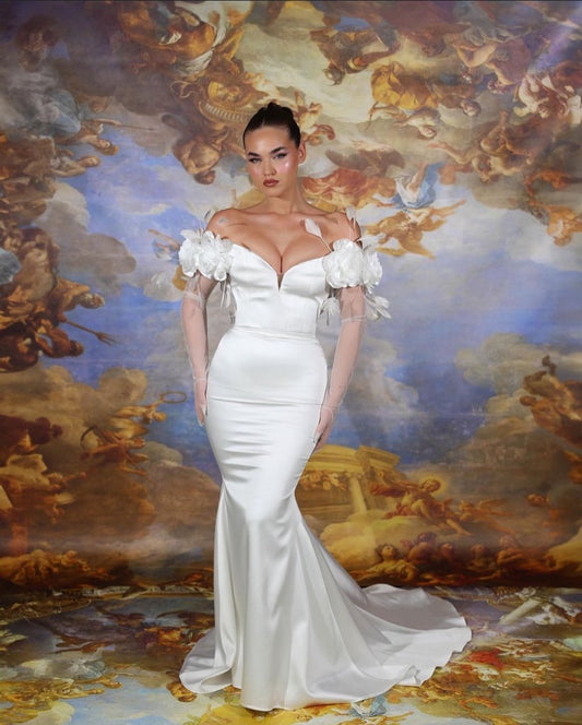 SILK WEDDING DRESS WITH HANDMADE FLOWERS