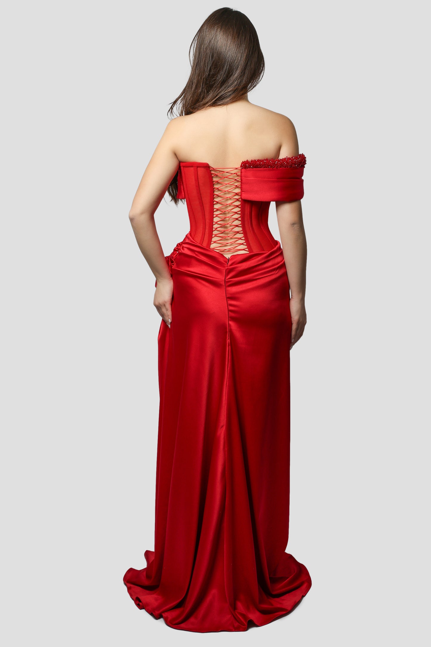 RED DRAPPED ROSE DRESS