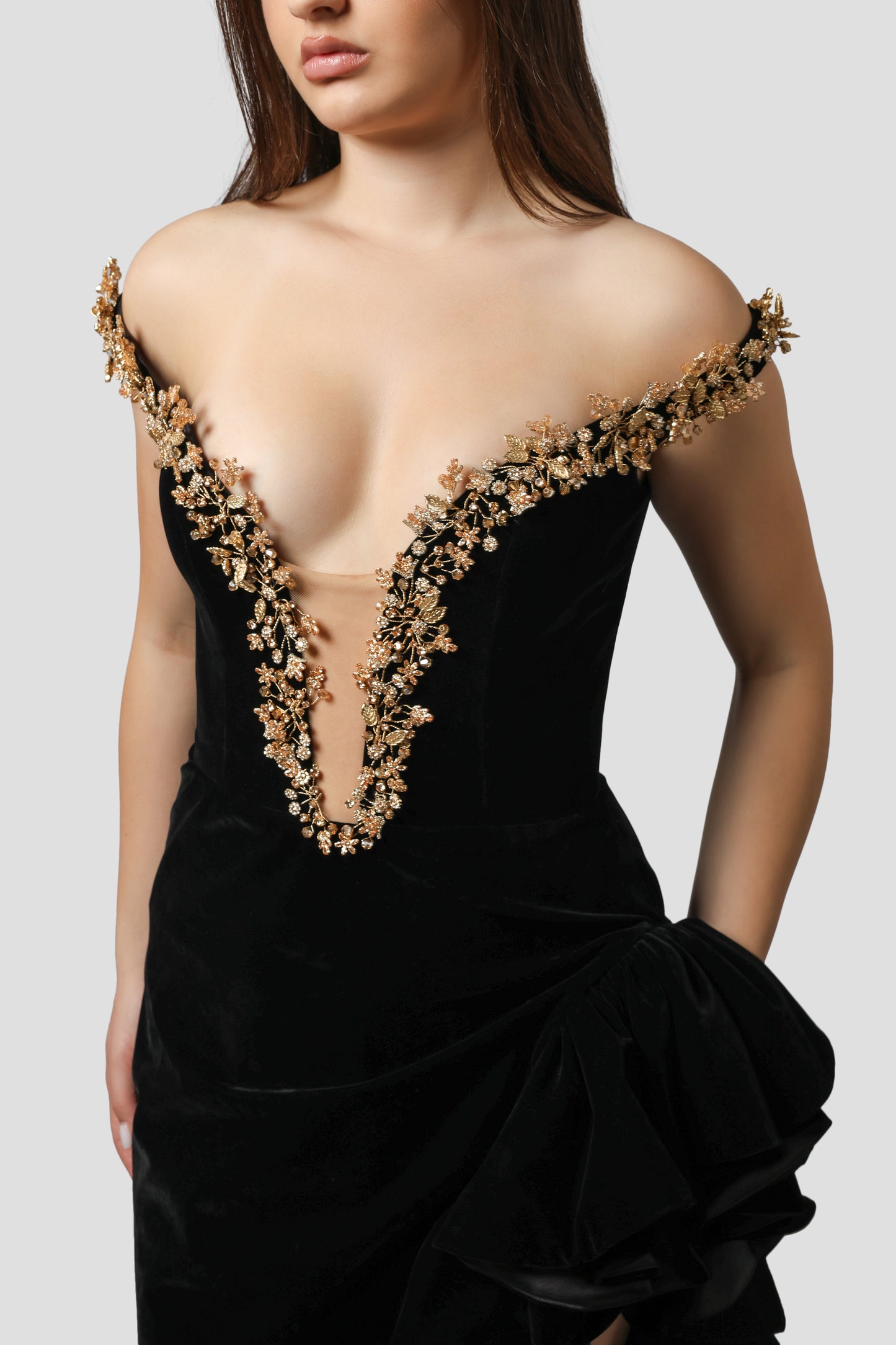 GOLD EMBROIDERED VELVET DRESS