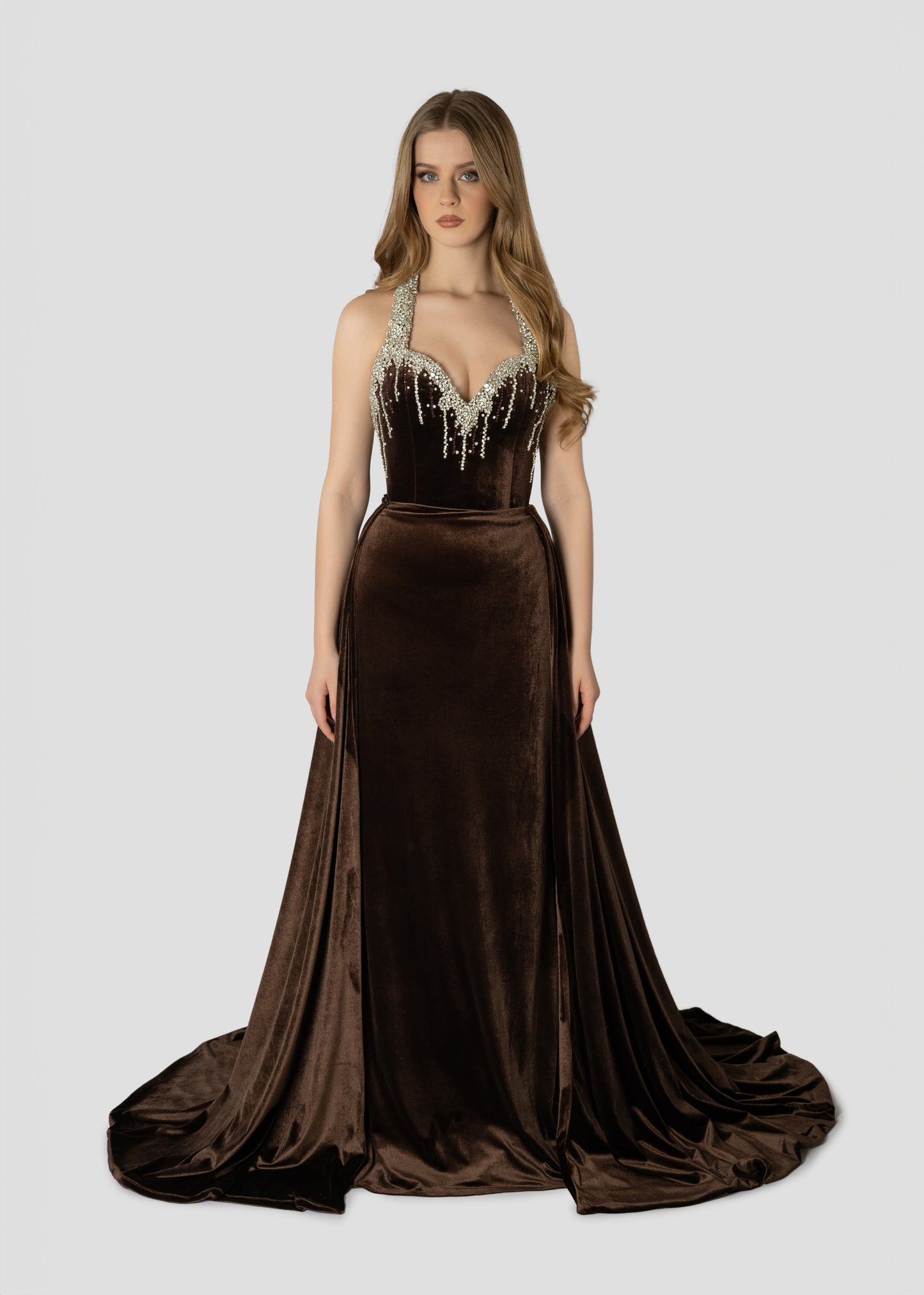 BROWN VELVET EMBROIDERED DRESS