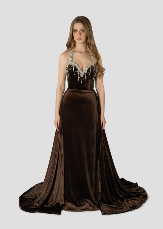 BROWN VELVET EMBROIDERED DRESS