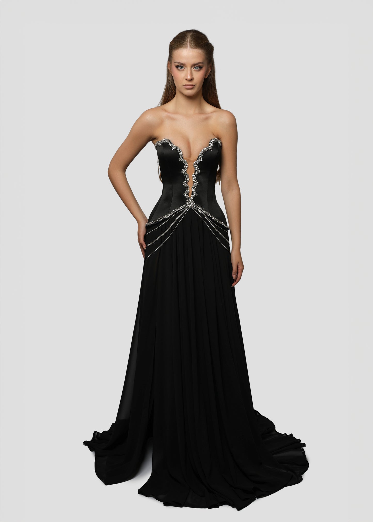 RHINESTONE-EMBROIDERED BLACK DRESS