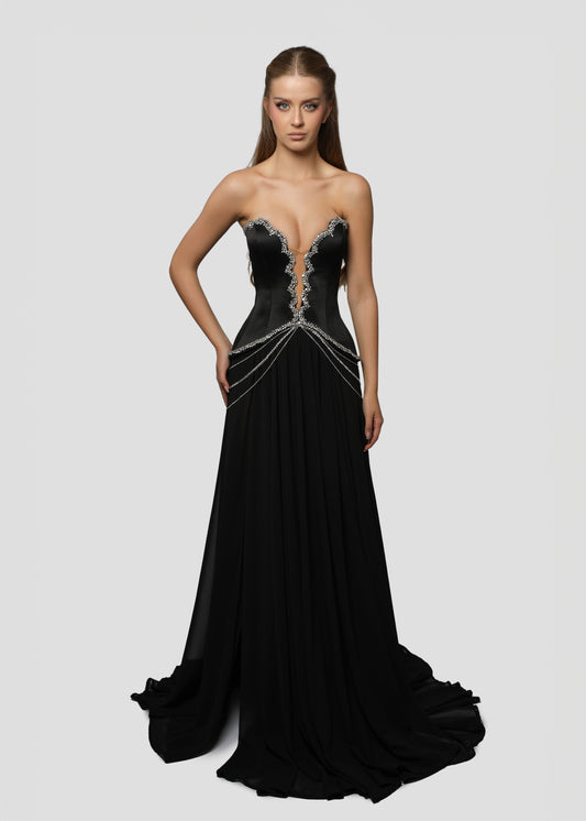 RHINESTONE-EMBROIDERED BLACK DRESS