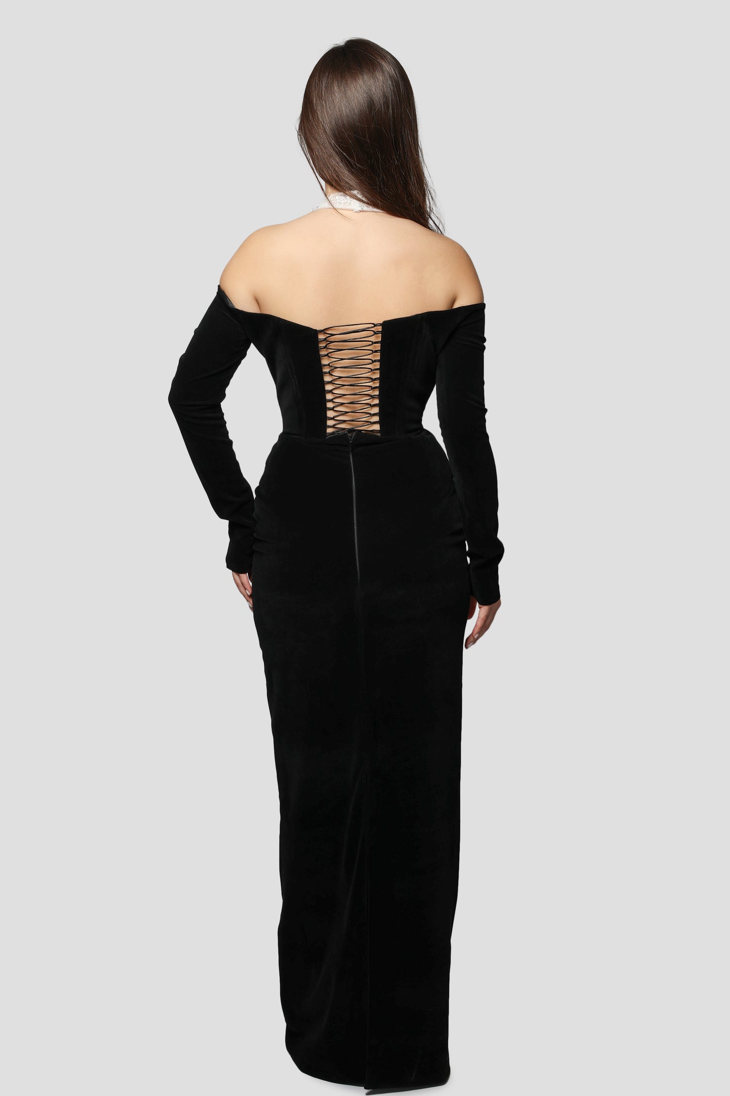 BLACK VELVET DRESS WITH LACE HALTER TOP