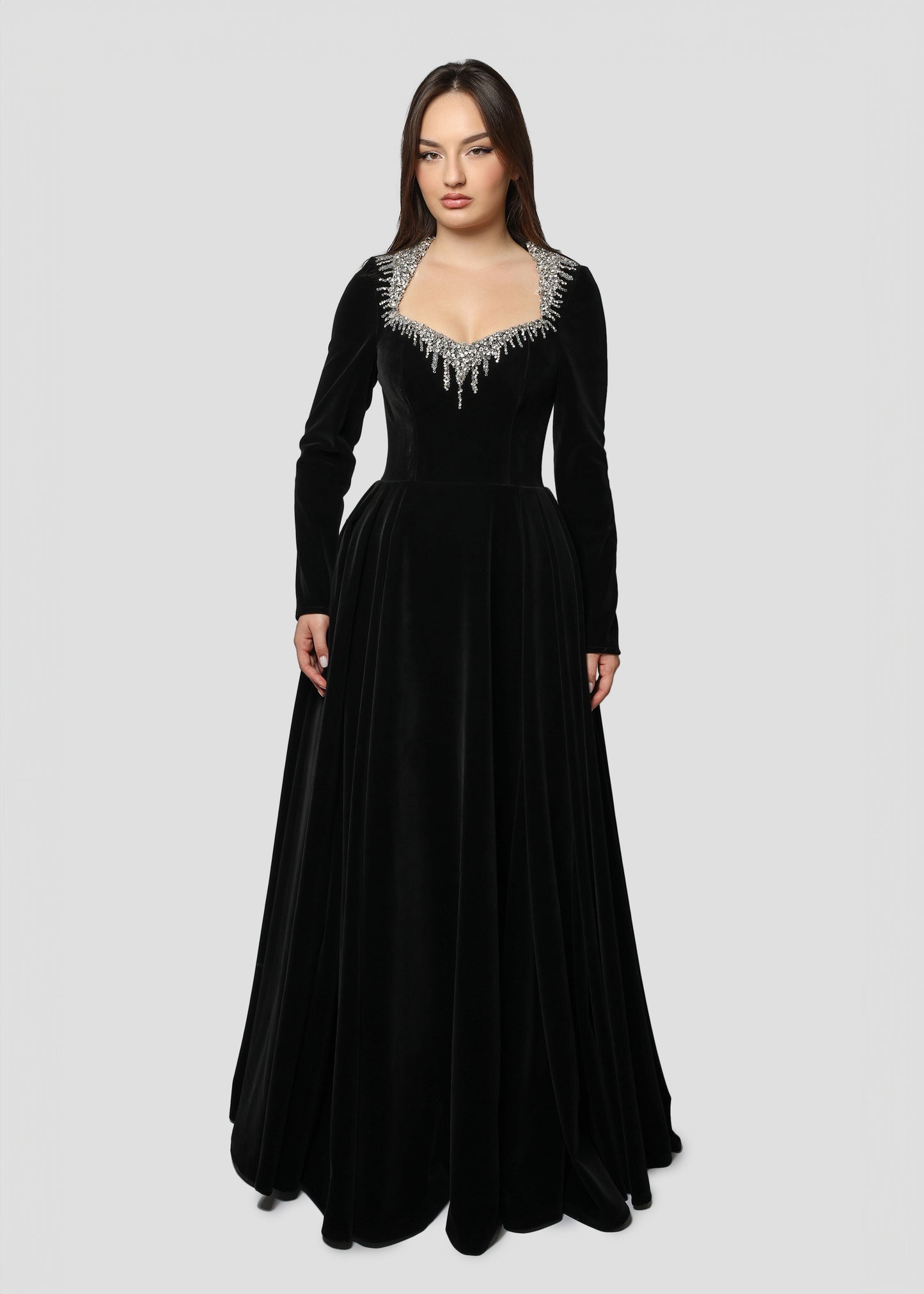 LONG VELVET DRESS WITH EMBROIDERY