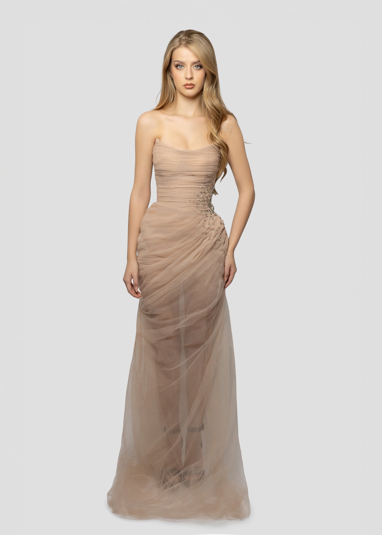 DRAPPED BEIGE TULLE DRESS