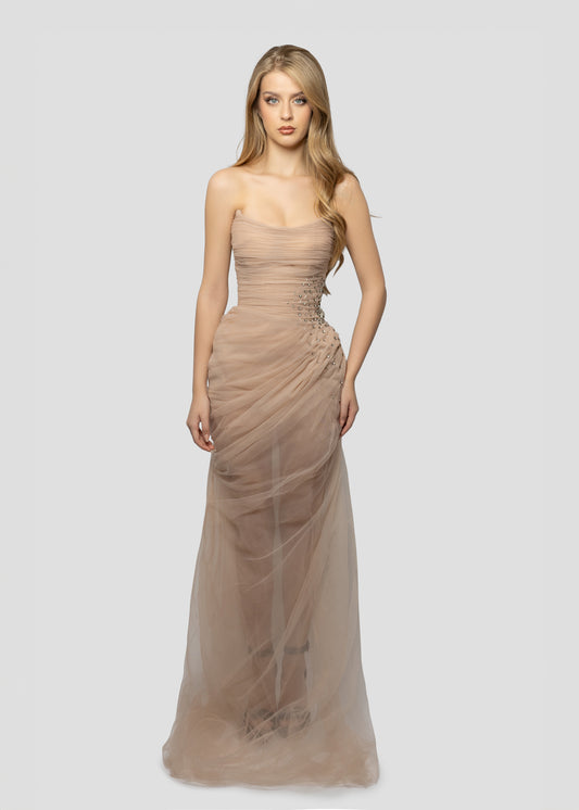DRAPPED BEIGE TULLE DRESS