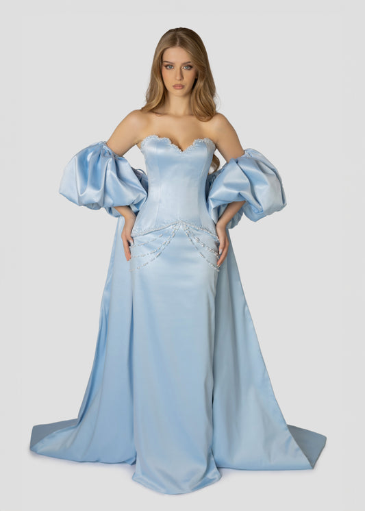 BABY BLUE SATIN CAPE DRESS