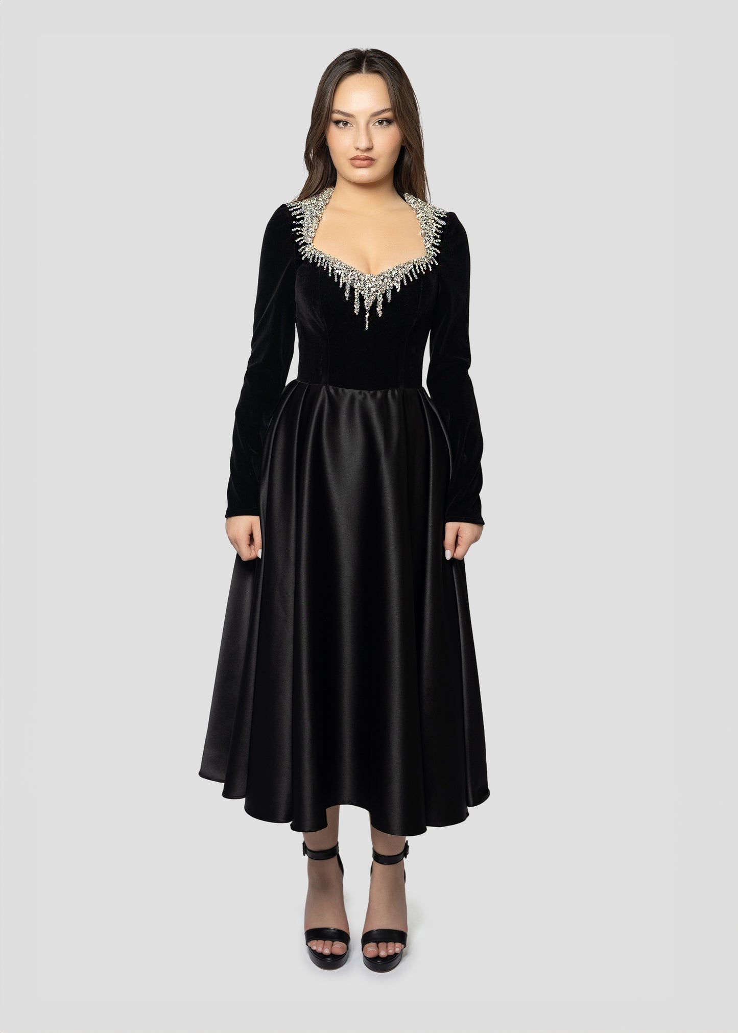 VELVET AND SATIN MIDI DRESS