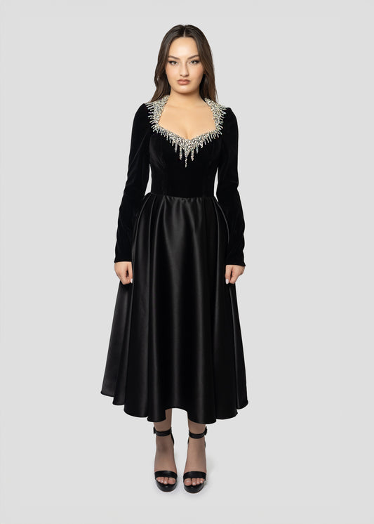 VELVET AND SATIN MIDI DRESS