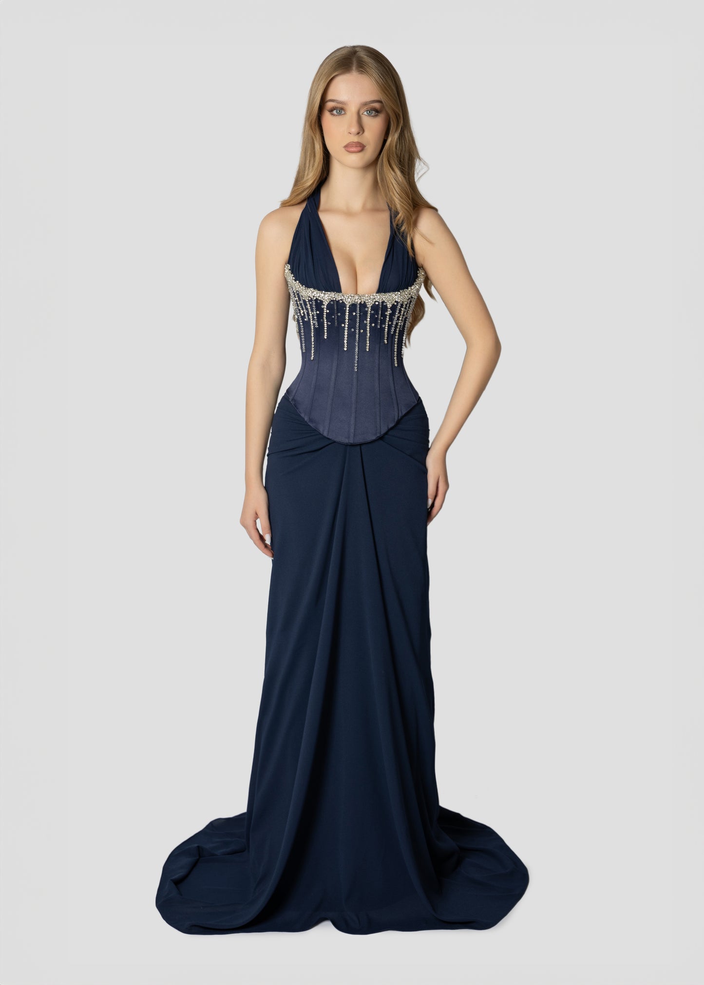 DARK BLUE CORSET DRAPPED DRESS