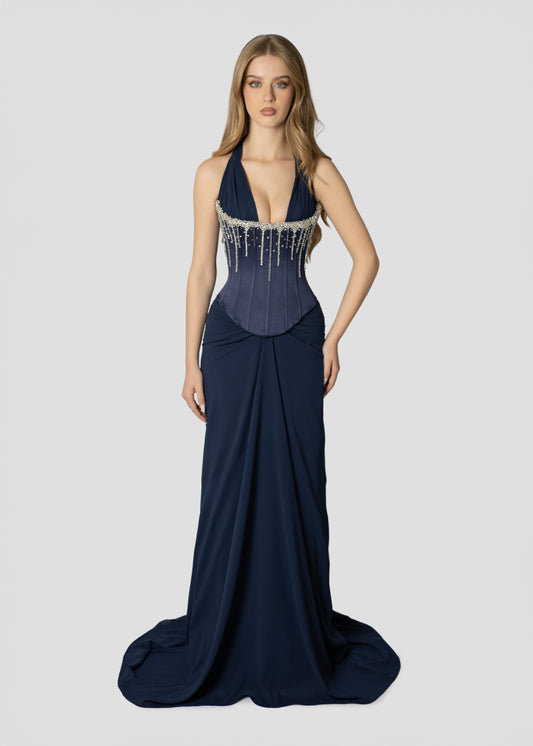 DARK BLUE CORSET DRAPPED DRESS