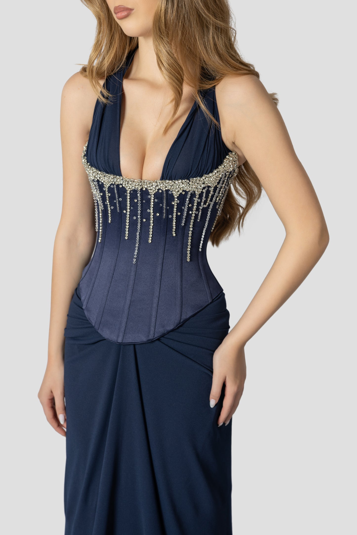 DARK BLUE CORSET DRAPPED DRESS