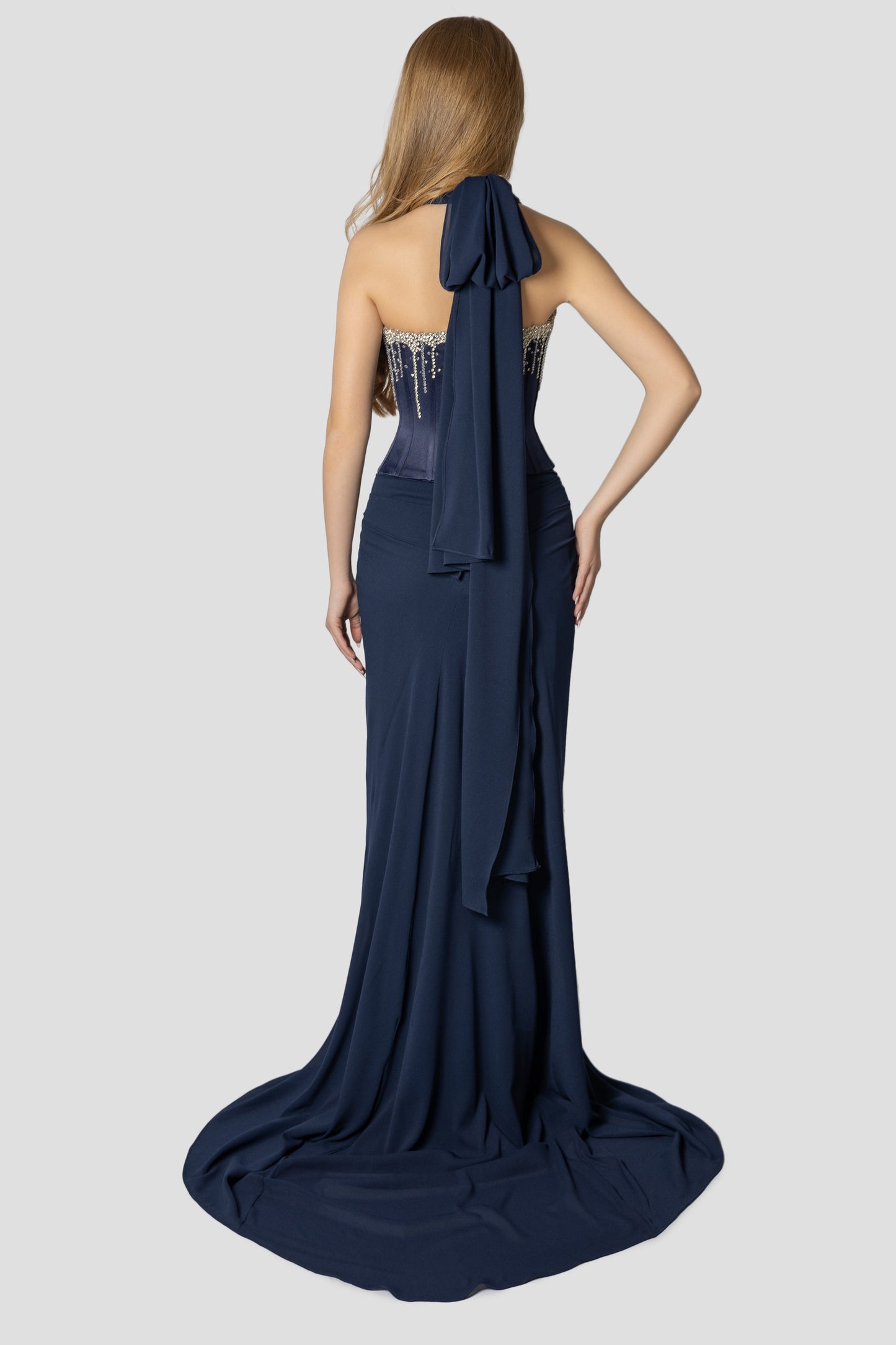 DARK BLUE CORSET DRAPPED DRESS