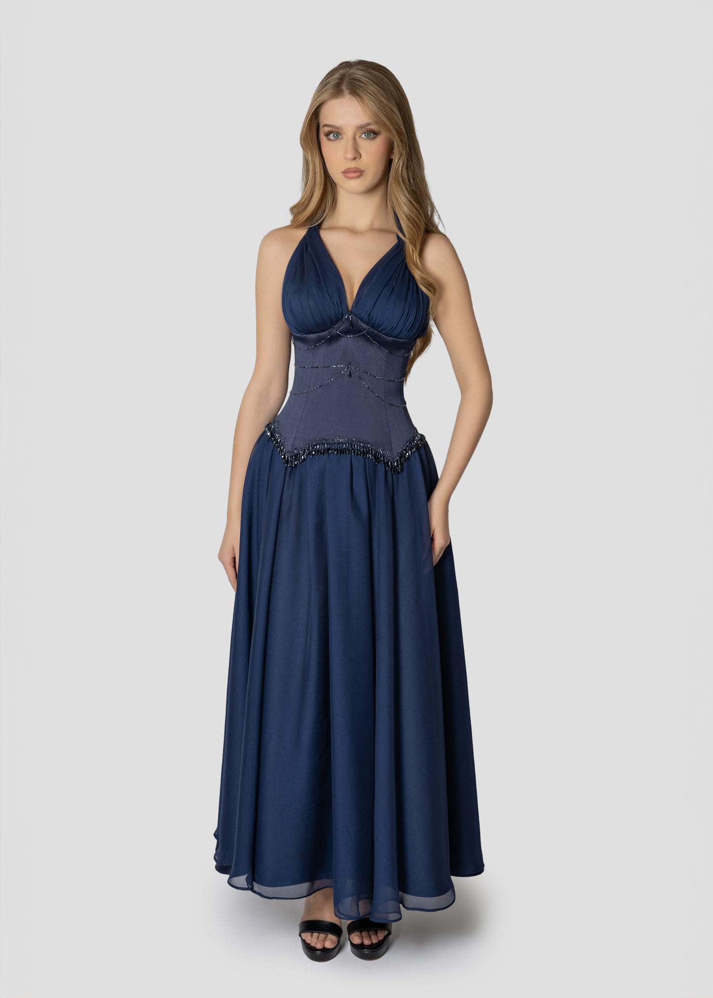 DARK BLUE HALTER MIDI DRESS