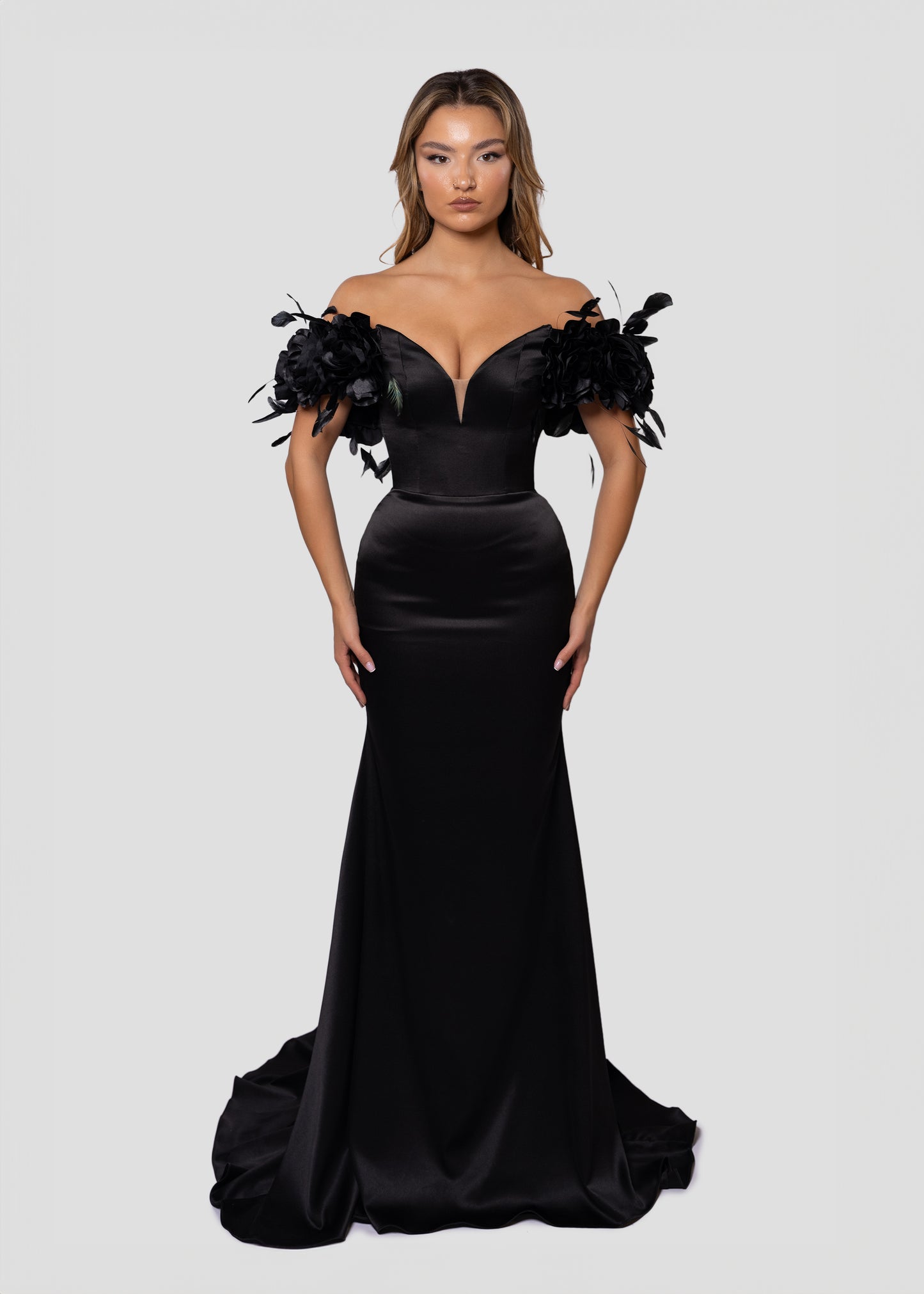 SILK BLACK DRESS WITH HANDMADE FLOWERS