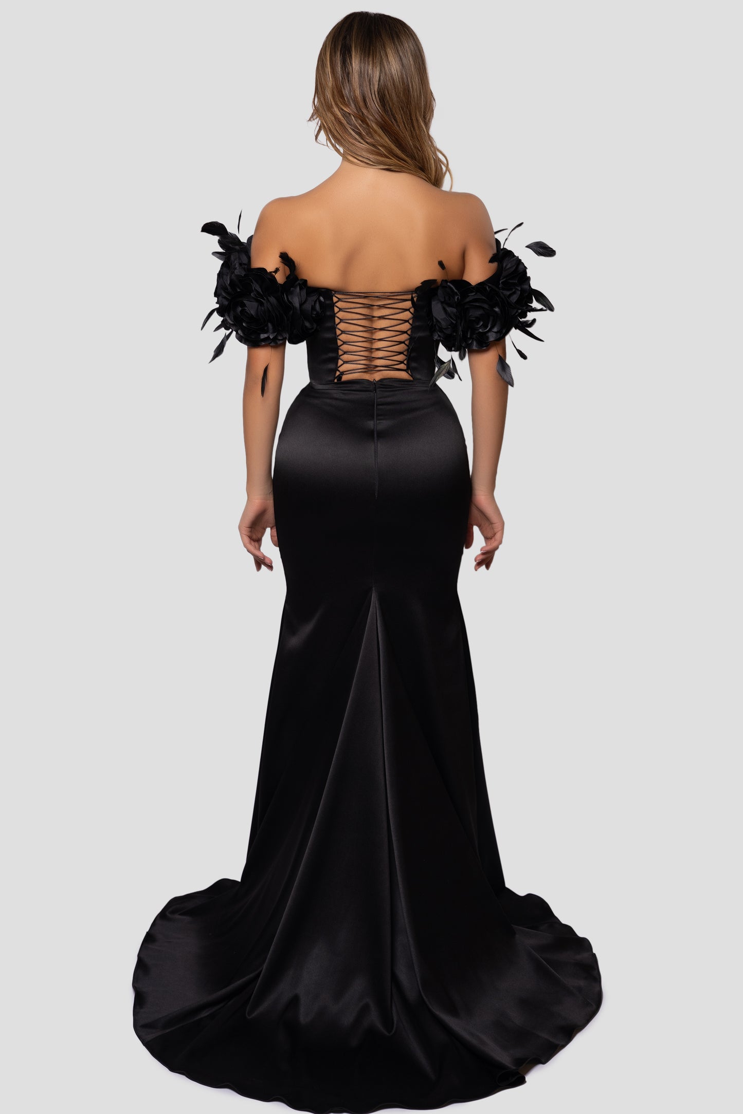 SILK BLACK DRESS WITH HANDMADE FLOWERS