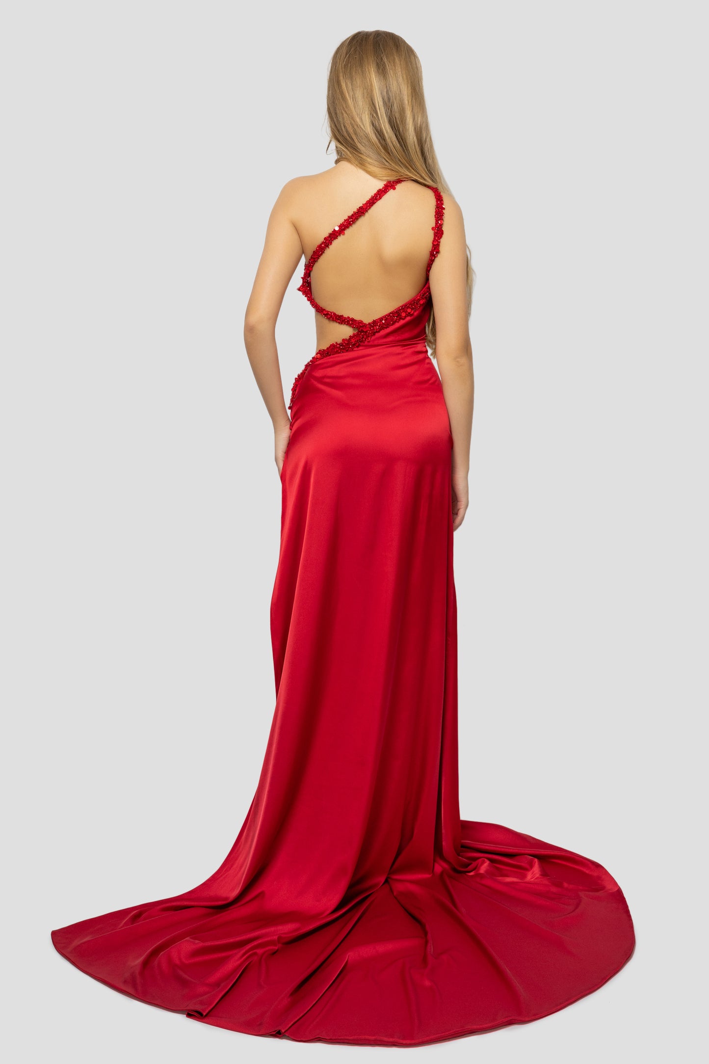 BACKLESS RED SILK DRESS