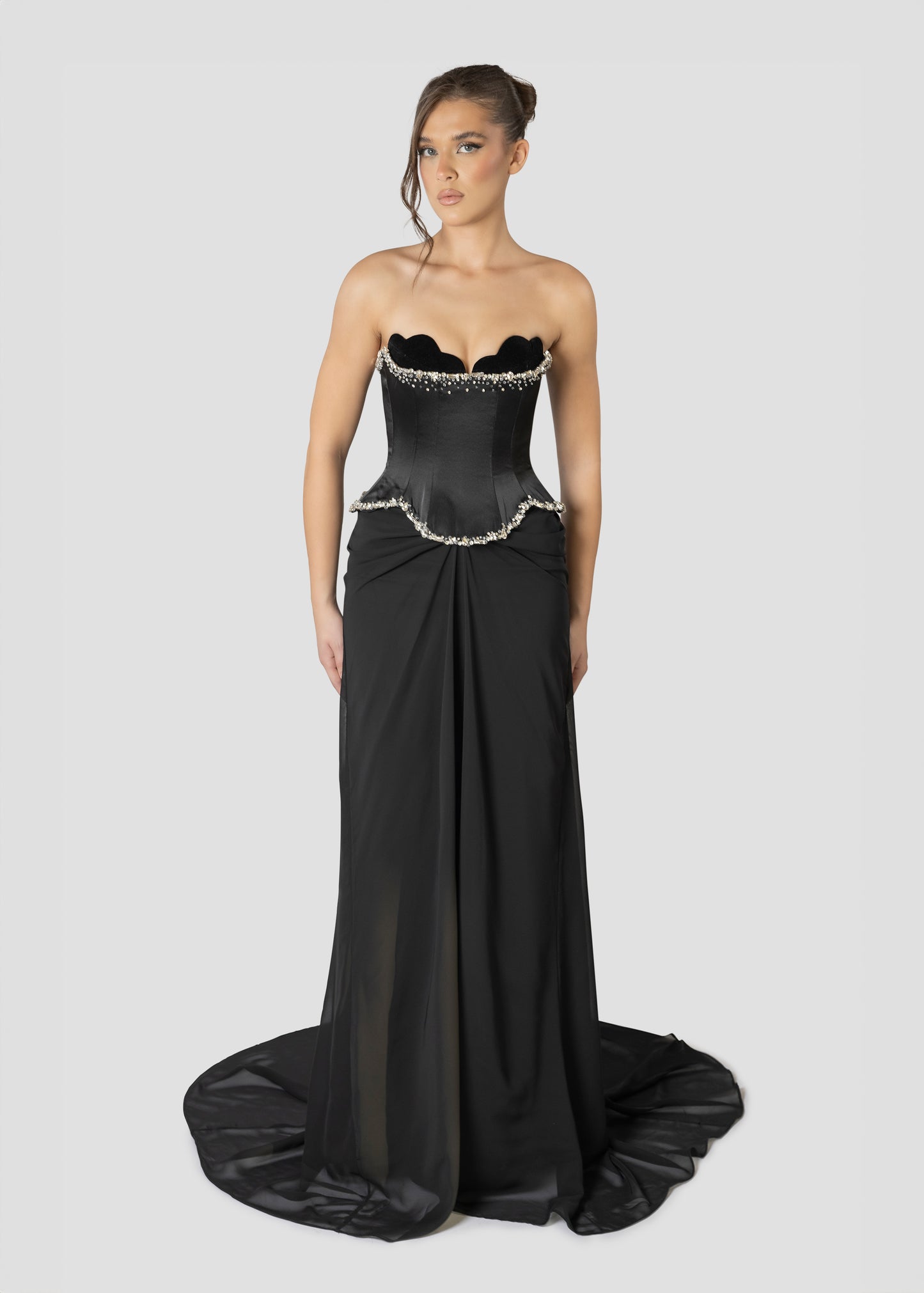 BLACK EMBROIDERED DRAPPED DRESS